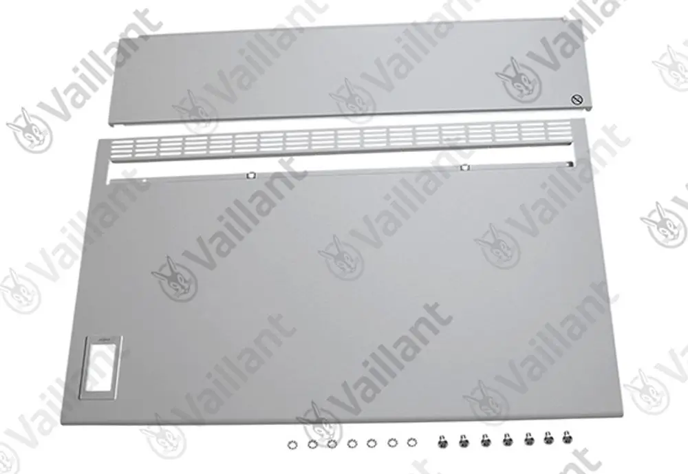 Vaillant-Blechverkleidung bestehend aus zwei Metallplatten in grauer Farbe, mit Lüftungsschlitzen und Schrauben, zur Abdeckung und Isolierung von Heizgeräten.